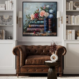 Stacked Books And Pretty Flowers Painting Canvas PRINT, Bookish Library Wall Art, Gift For Book Lovers Framed/Unframed Ready To Hang