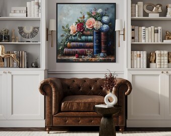 Stacked Books And Pretty Flowers Painting Canvas PRINT, Bookish Library Wall Art, Gift For Book Lovers Framed/Unframed Ready To Hang