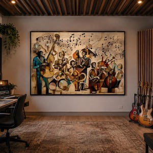 May include: A large rectangular wall art piece featuring a stylized abstract painting of a jazz band with musicians playing instruments and musical notes floating above, displayed in a music studio with guitars and recording equipment.