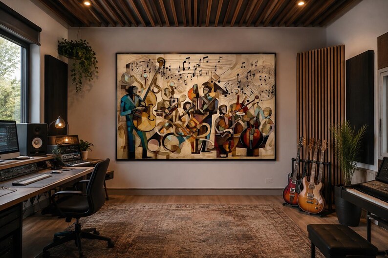 May include: A large rectangular wall art piece featuring a stylized abstract painting of a jazz band with musicians playing instruments and musical notes floating above, displayed in a music studio with guitars and recording equipment.