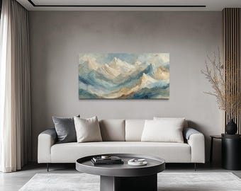 Neutral Pastel Mountain Landscape Painting Canvas Print - Beige Cream Blue Wall Art For Bedroom Or Living Room