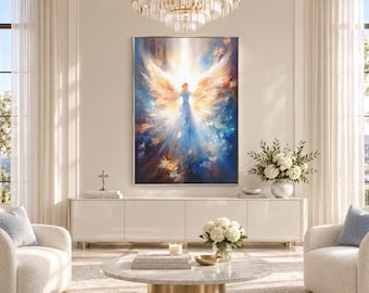 May include: A large rectangular wall art print featuring an ethereal figure with expansive, glowing wings in shades of gold, white, and deep blue. The artwork displays a central radiant light source, soft brushstrokes, and a blend of abstract colors.