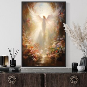 a large painting of an angel with wings, surrounded by a vibrant and colorful floral scene, displayed on a wall above a wooden dresser.