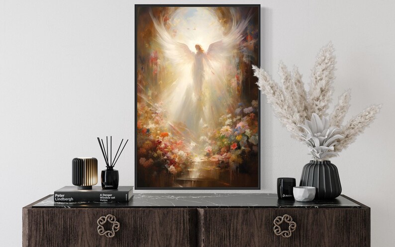 a large painting of an angel with wings, surrounded by a vibrant and colorful floral scene, displayed on a wall above a wooden dresser.