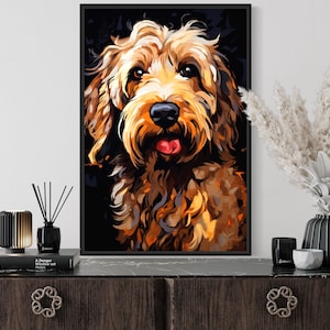 a large, colorful painting of a dog's face hanging on a wall above a wooden dresser. The dresser has various decorative items on it, including a vase with white flowers, a book, and a small black lamp.