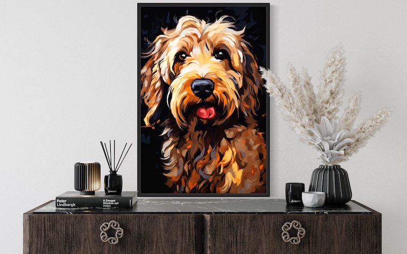 a large, colorful painting of a dog's face hanging on a wall above a wooden dresser. The dresser has various decorative items on it, including a vase with white flowers, a book, and a small black lamp.