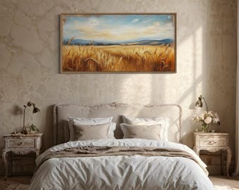 Golden Wheat Field Painting Wall Art - Warm Farm Landscape Canvas Print, Rustic Living Room Country Style Decor Framed Ready To Hang