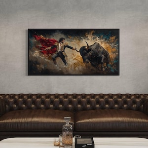 Art For Men Spanish Bullfighter Fighting Bull Graffiti Painting Extra Large Canvas PRINT, Corrida Wall Art, Framed Ready To Hang