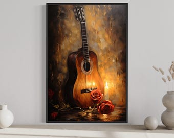 Acoustic Guitar Painting Canvas PRINT, String Instruments Decor, Gift for Musicians, Music Room Wall Art Framed Ready to Hang