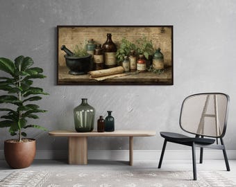 Vintage Apothecary Canvas Print, Dark Academia Medicinal Herbalist Wall Art With Antique Bottles And Herbs Canvas Print Framed Ready To Hang