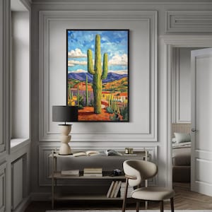 Colorful Saguaro Cactus Wall Art -  Vibrant Cactus In Sonoran Desert Mexican Painting Printed on Canvas Framed Ready To Hang