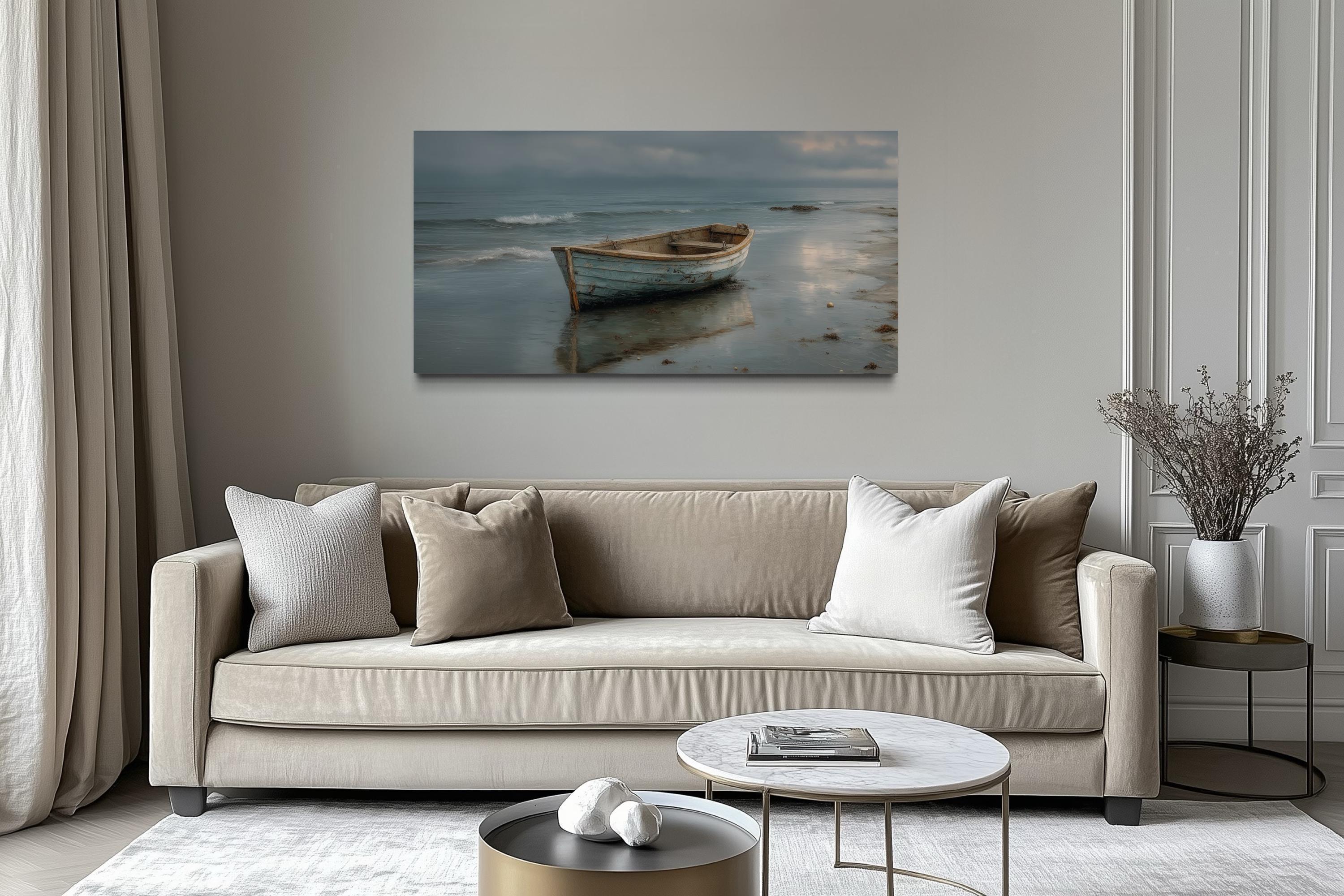Rustic Rowboat on the Beach Wall Art - Coastal Seascape Painting Print ...