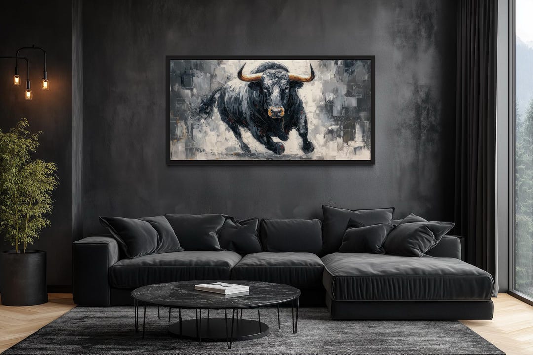 Powerful Charging Black Bull Canvas Wall Art – Dynamic Animal Painting ...