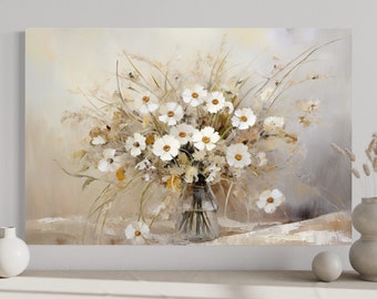 Farmhouse Wall Art Retro White Wildflowers Bouquet Painting, Botanical Boho Painting Canvas Print, Framed Unframed Ready To Hang
