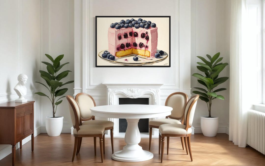 Blueberry Cake Painting Wall Art - Pink Frosting Dessert Canvas Print ...