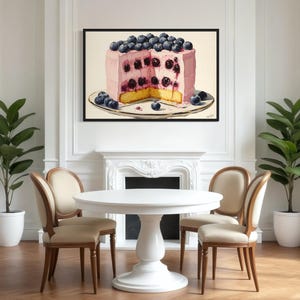 Blueberry Cake Painting Wall Art - Pink Frosting Dessert Canvas Print, Modern Dining Room Bakery Style Kitchen Decor Framed Ready To Hang