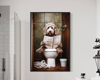 Goldendoodle Dog On The Toilet Reading Newspaper, Funny Bathroom Art, Toilet Humor Animal Print or Canvas Framed Unframed Ready To Hang