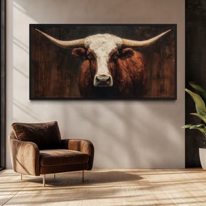 Brown And White Longhorn Bull Wall Art – Rustic Western Extra Large Farmhouse Animal Canvas Print For Living Room Or Office Decor