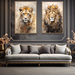 Lion and Lioness Wall Art, Set of 2 King Queen With Crowns Gold Beige ...