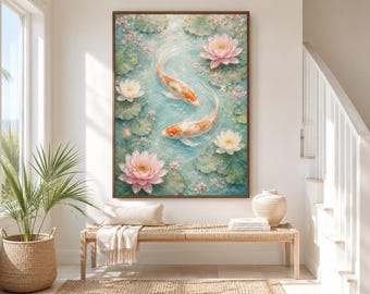 Koi Fish and Water Lilies Vertical Canvas Wall Art – Peaceful Pond Painting, Tranquil Zen Decor, Serene Nature Scene With Floral Accents