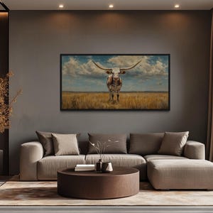 Texas Longhorn Sterer In The Prairie Wall Art - Farmhouse Wall Art Art, Longhorn In The Field Painting Canvas Print Framed Ready To Hang