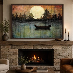 Great Outdoors Nature Lake Moon Boat Painting Canvas Print - Unique Rustic  Wall Art - Lake House, Cabin Wall Decor Framed Ready To Hang