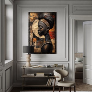 African Wall Art Abstract Woman In Turban Painting Canvas Print, Extra Large Modern Living Room Wall Decor Framed Ready To Hang