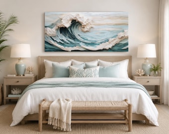 Abstract Ocean Wave Wall Art, 3D Effect Wave Painting Canvas PRINT, Nautical Teal Ocean Wall Art, Seascape, Coastal Art Above Bed Or Couch