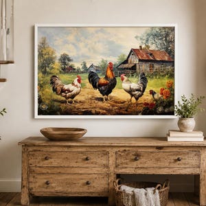 Farmhouse Wall Art, Roosters Chickens Retro Painting Canvas PRINT, Farm Wall Decor, Farm Kitchen Art Framed Unframed Ready to Hang image 19