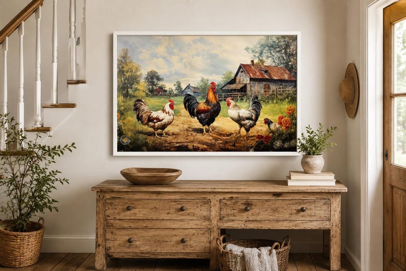 Farmhouse Wall Art, Roosters Chickens Retro Painting Canvas PRINT, Farm Wall Decor, Farm Kitchen Art Framed Unframed Ready to Hang image 19