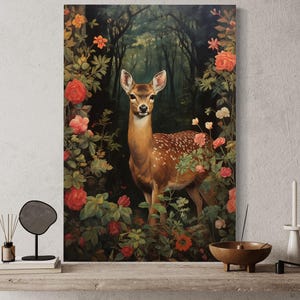 Wildlife Wall Art - Fawn Baby Deer In The Forest Painting Canvas Print or Poster, Cabin, Forestcore Wall Art Framed Ready To Hang