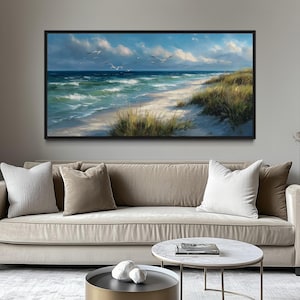 Art mural côtier avec vagues, sable et herbes - Tableau sur la plage des dunes de l&#39;océan, impression sur toile paysage marin paisible pour le salon ou la maison de plage