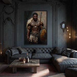 African Tribal Warrior Wall Art – Powerful Warrior Canvas Print With Shield and Spear, Masculine Statement Artwork for Man Cave Décor imagen 6