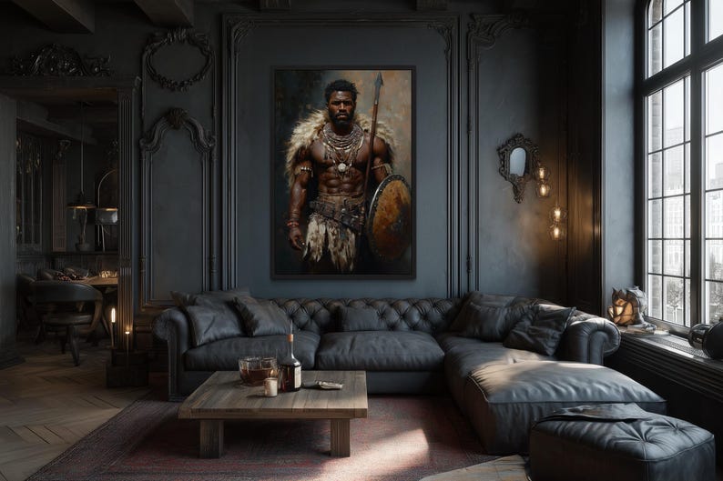 African Tribal Warrior Wall Art – Powerful Warrior Canvas Print With Shield and Spear, Masculine Statement Artwork for Man Cave Décor imagen 6