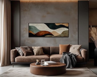 Green Brown Waves Modern Abstract Horizontal Wall Art, Long Narrow Over Bed Earth Tone Painting PRINT, Bedroom Decor Framed Ready To Hang