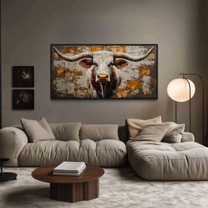 Longhorn Bull Wall Art – Horizontal Western Canvas Print for Ranch, Farmhouse, or Rustic Living Room Decor – Framed and Ready To Hang