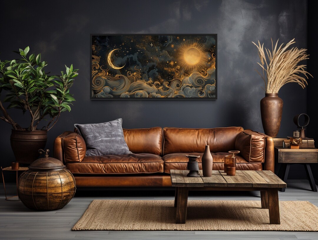 Black Gold Sun and Moon Wall Art, Celestial Painting Canvas PRINT, Sun ...