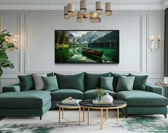 Emerald Green Lake With Wooden Boat Painting Canvas PRINT, Lake Wall Decor, Lake House Wall Art Framed Ready To Hang