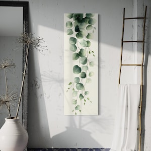 Tall Narrow Green Leaves Wall Art, Minimalist Boho Painting Canvas PRINT, Long Vertical Botanical Wall Decor Tall Artwork Ready To Hang