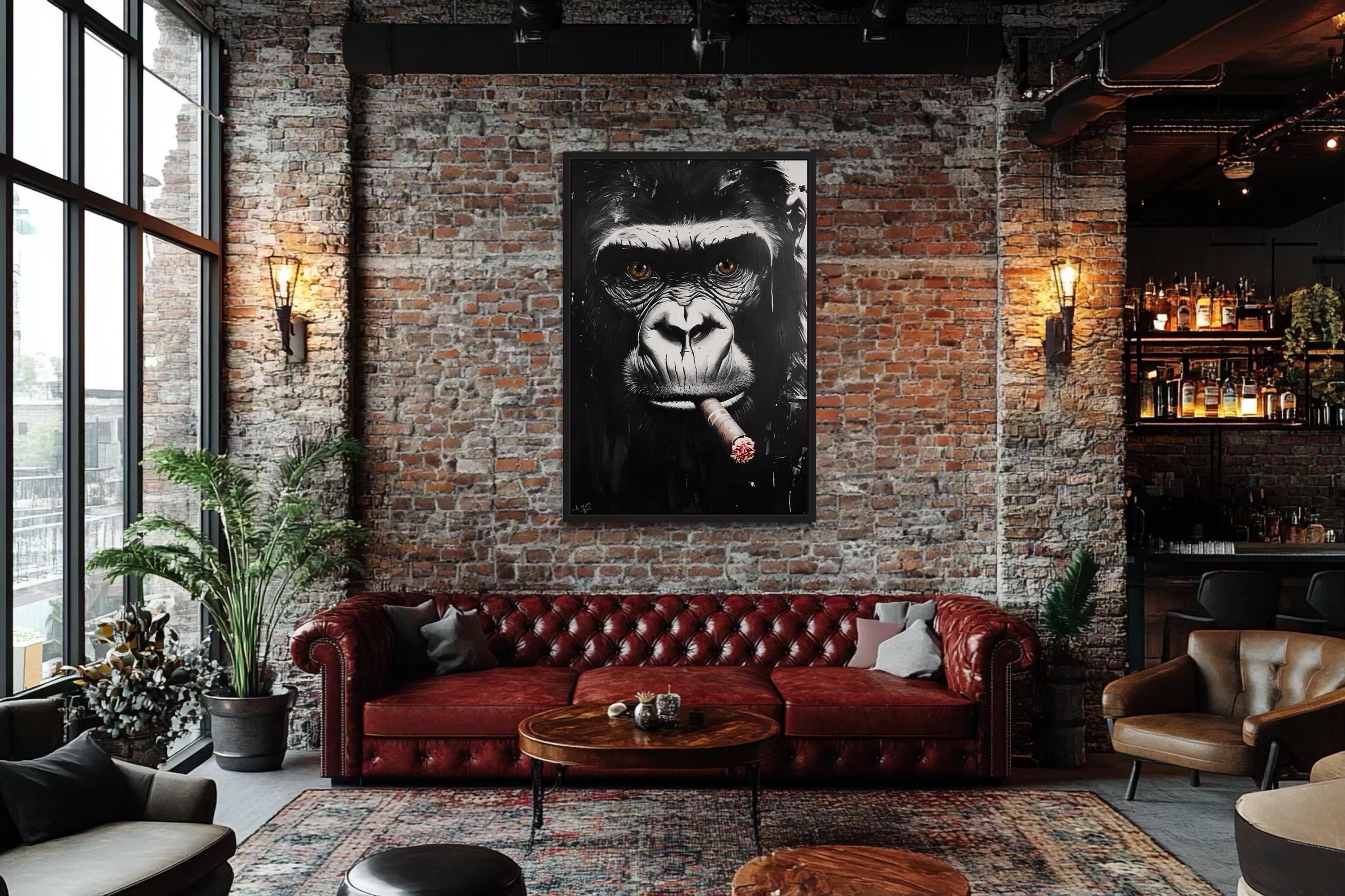 Black White Gorilla Smoking Cigar Canvas Wall Art, Bold Statement