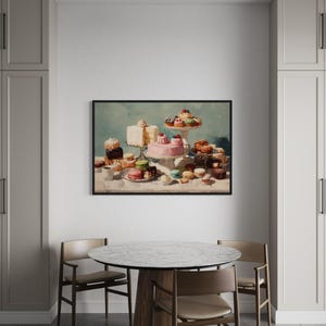 Vintage Pastry Dessert Table Painting With Cakes Macarons And Sweets Kitchen Wall Art For Dining Room Or Cafe Framed Ready To Hang
