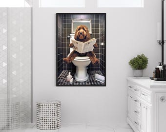 Red/Brown Goldendoodle Dog On The Toilet Reading Newspaper, Funny Bathroom Art, Toilet Humor Animal Canvas Print Framed Ready To Hang
