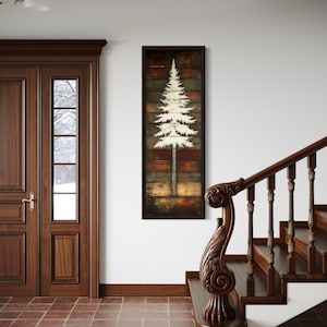 Tall Vertical Pine Tree Canvas Print – Rustic Wood Style Forest Tree Wall Art, Cabin Hallway Entryway Wall Decor Framed Ready To Hang