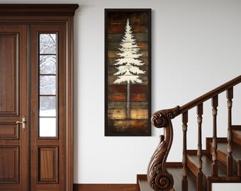 Tall Vertical Pine Tree Canvas Print – Rustic Wood Style Forest Tree Wall Art, Cabin Hallway Entryway Wall Decor Framed Ready To Hang