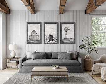 Farmhouse Wall Art Set of Three Black White Grey Rustic Farm PRINTs - Painting of Windmill, Old Barn, Cotton Framed Ready To Hang
