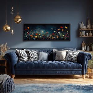 Dark Wildflowers Field Wall Art, Navy Blue Dark Floral Long Horizontal Canvas Print Above Bed Art Framed Ready To Hang