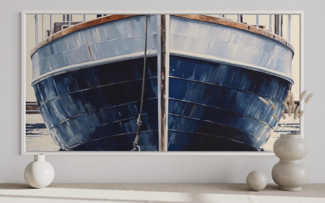 Nautical Wall Art Navy Blue Rustic Boat Painting Canvas PRINT, Beach ...