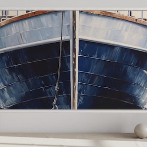 Nautical Wall Art Navy Blue Rustic Boat Painting Canvas PRINT, Beach House Wall Art, Large Lake House Wall Decor,  Framed Ready To Hang