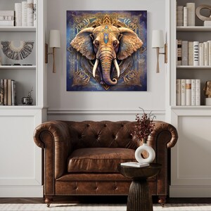 a living room with a large, ornate elephant head painting on the wall, a brown leather armchair, and a wooden side table with a vase of flowers.