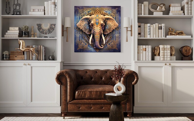a living room with a large, ornate elephant head painting on the wall, a brown leather armchair, and a wooden side table with a vase of flowers.
